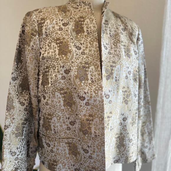 Women’s 14 Petite Jacket Gold Ivory Floral Paisley Silk Brocade Mandarin Collar - Picture 1 of 3